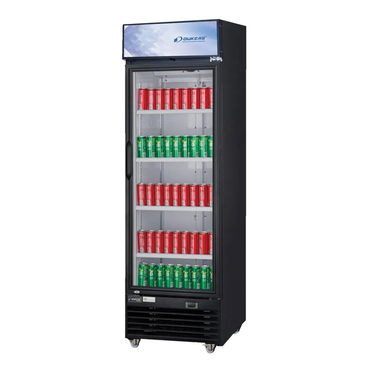 Dukers DSM-12R 25"W Black Swing Refrigerated Merchandiser With Canopy LED Lighting