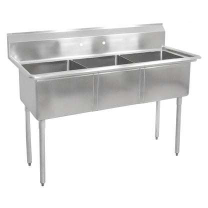 Stainless steel commercial kitchen sink with three compartments on a white background
