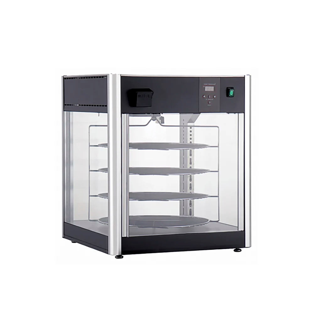 Display case with glass front and black frame on a white background