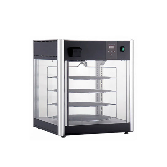 Display case with glass front and black frame on a white background