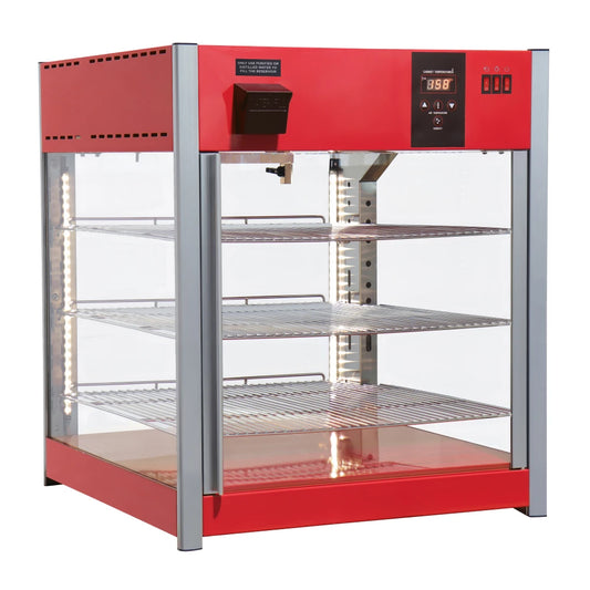 Red display case with glass front on a white background