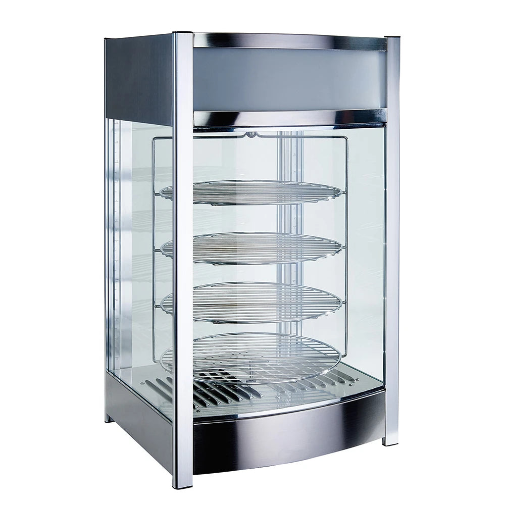 Glass display case with metal frame on a white background