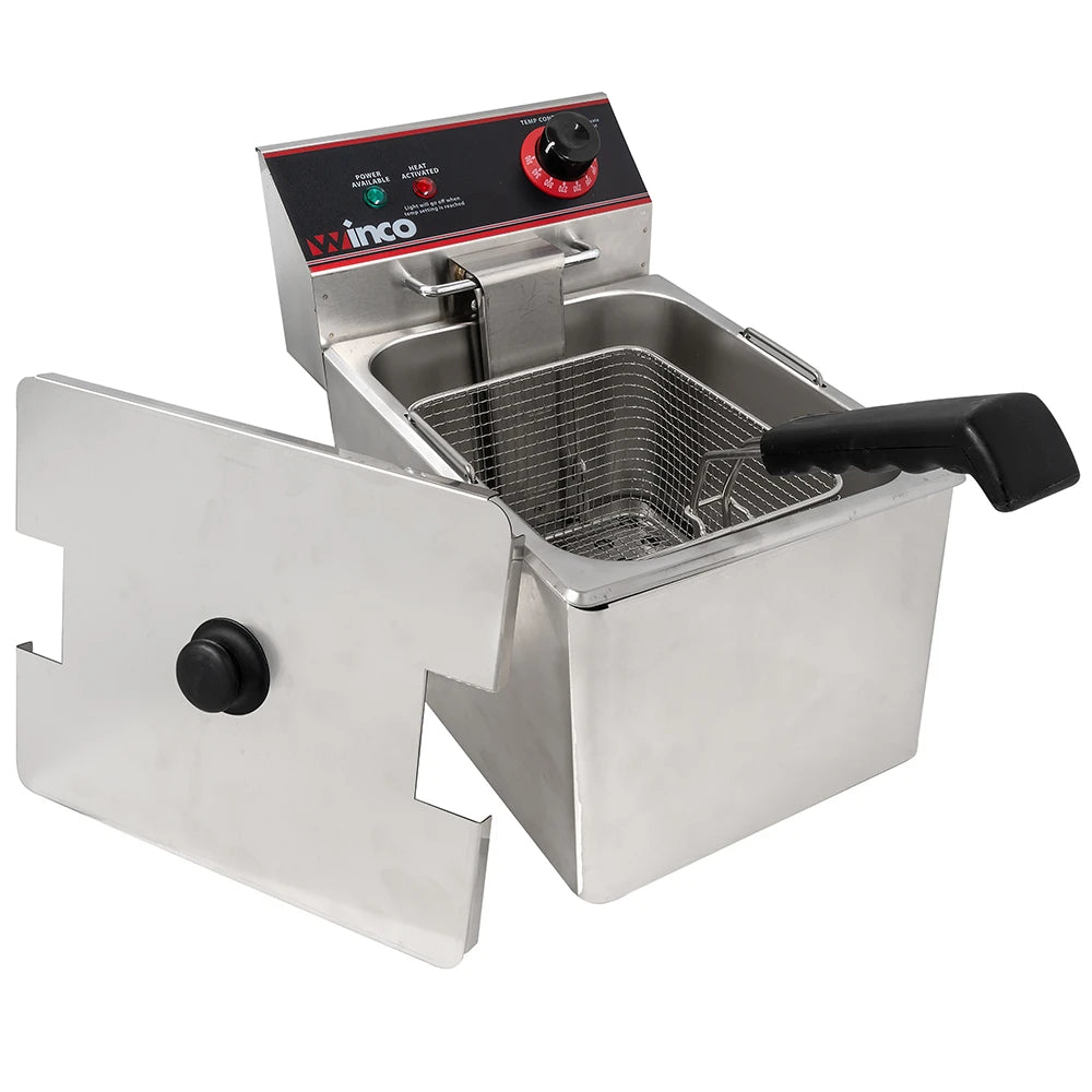 Stainless steel deep fryer with control panel on a white background