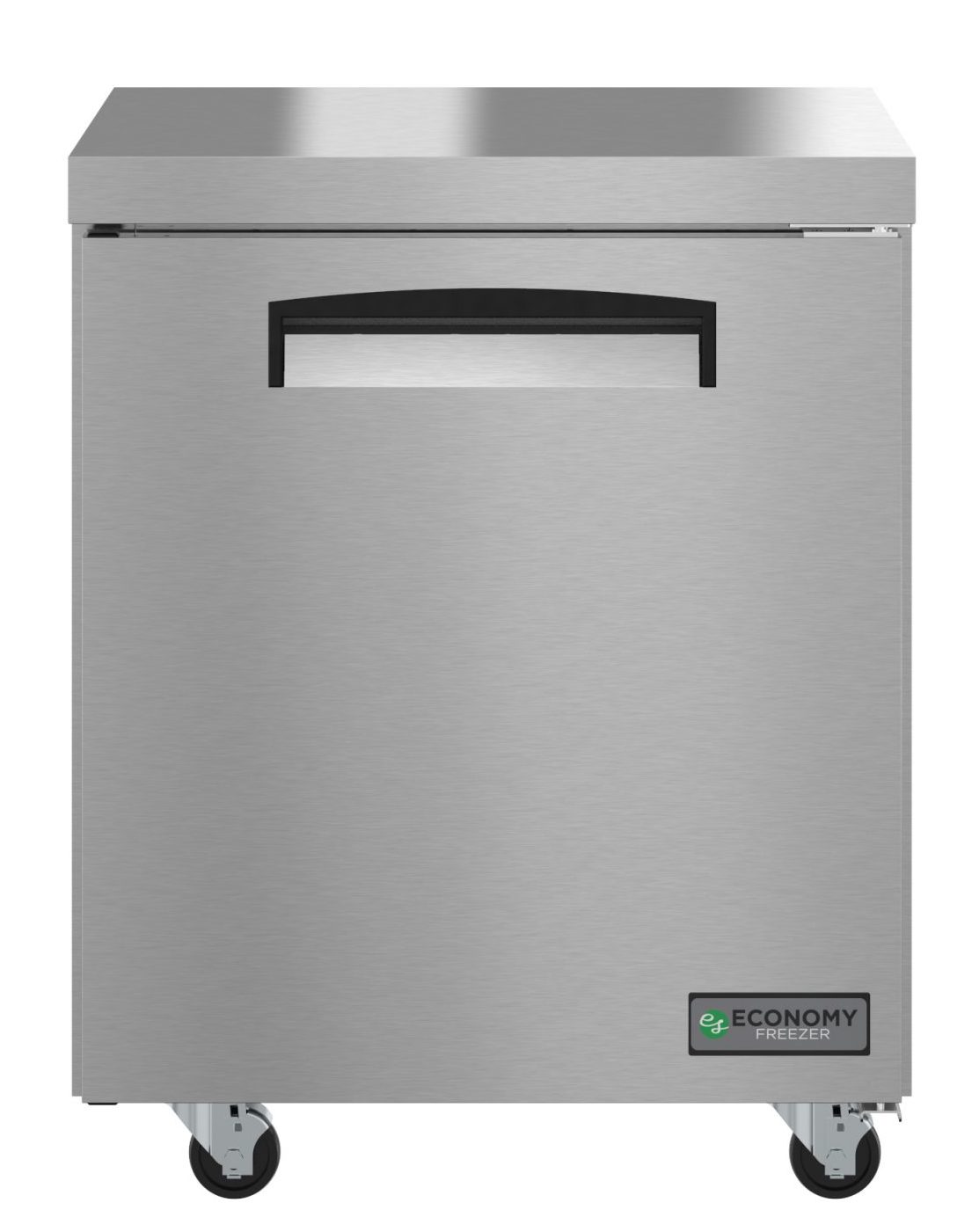 Stainless steel freezer with a visible brand logo on a white background