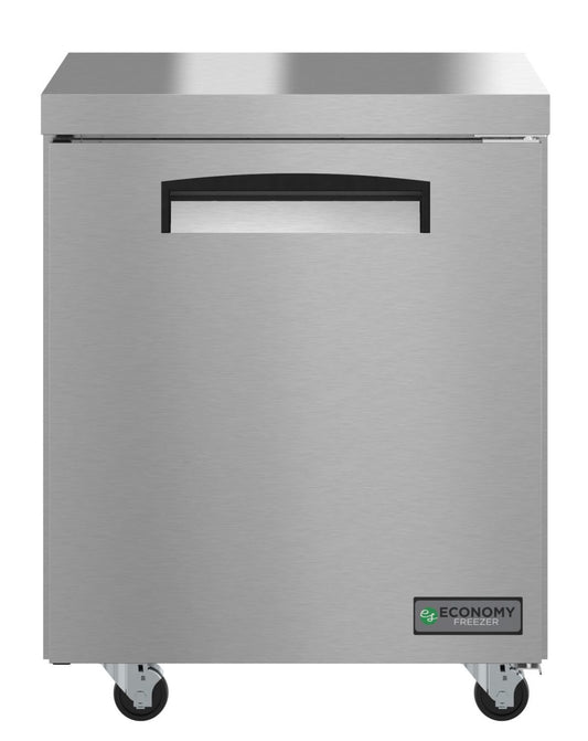 Stainless steel freezer with a visible brand logo on a white background