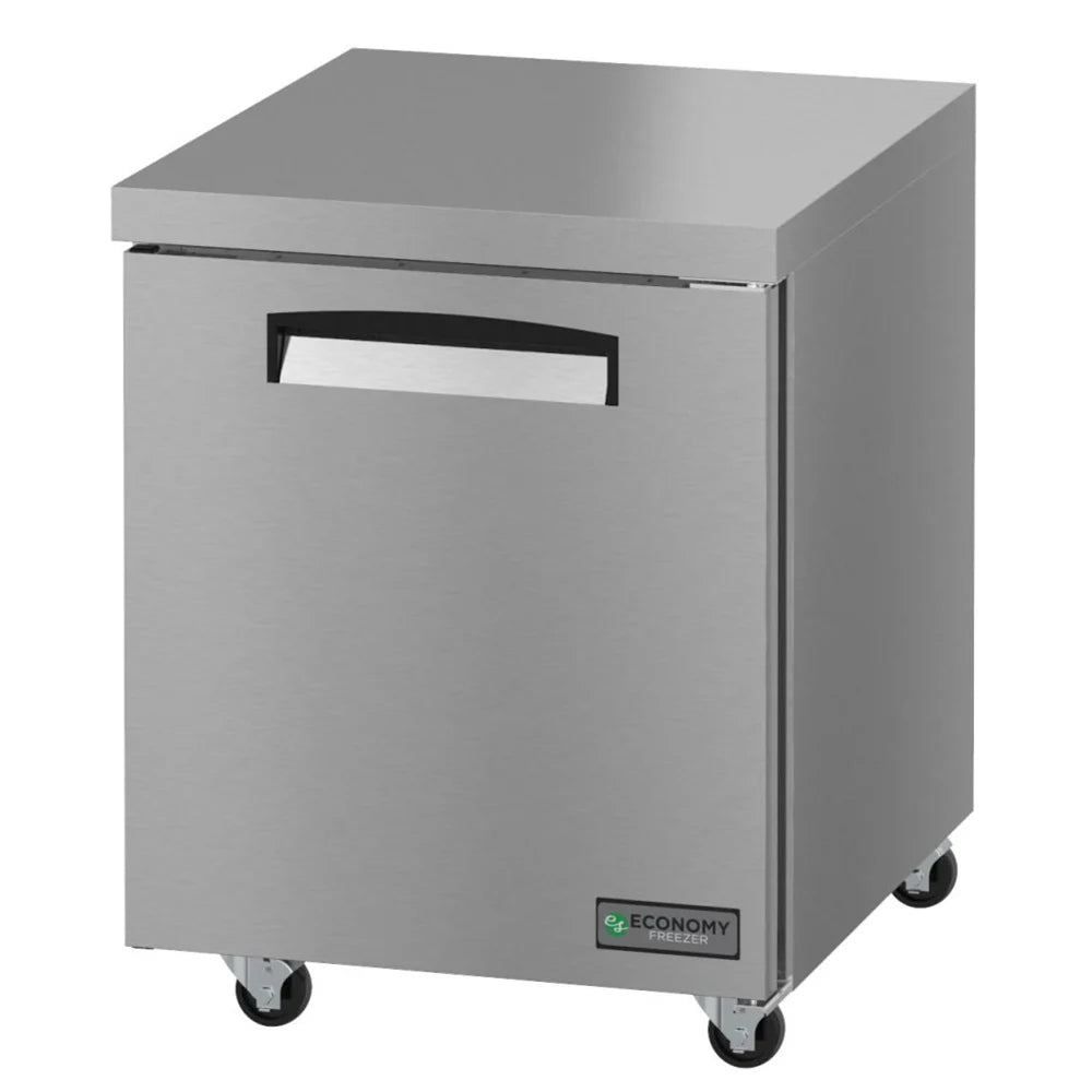 Stainless steel undercounter freezer with a visible brand logo on a white background