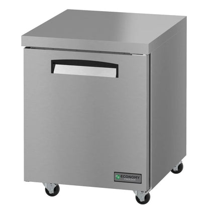 Stainless steel undercounter freezer with a visible brand logo on a white background