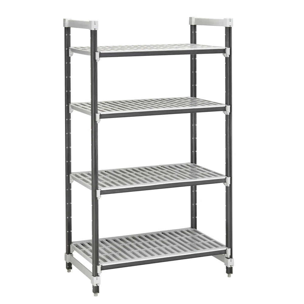 Metal shelving unit with four shelves on a white background