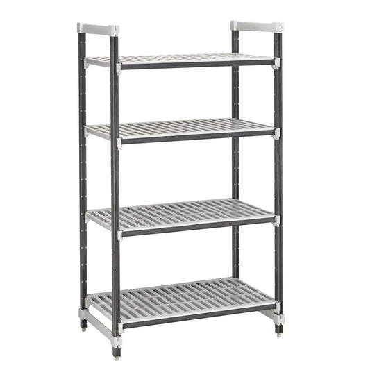 Metal shelving unit with four shelves on a white background