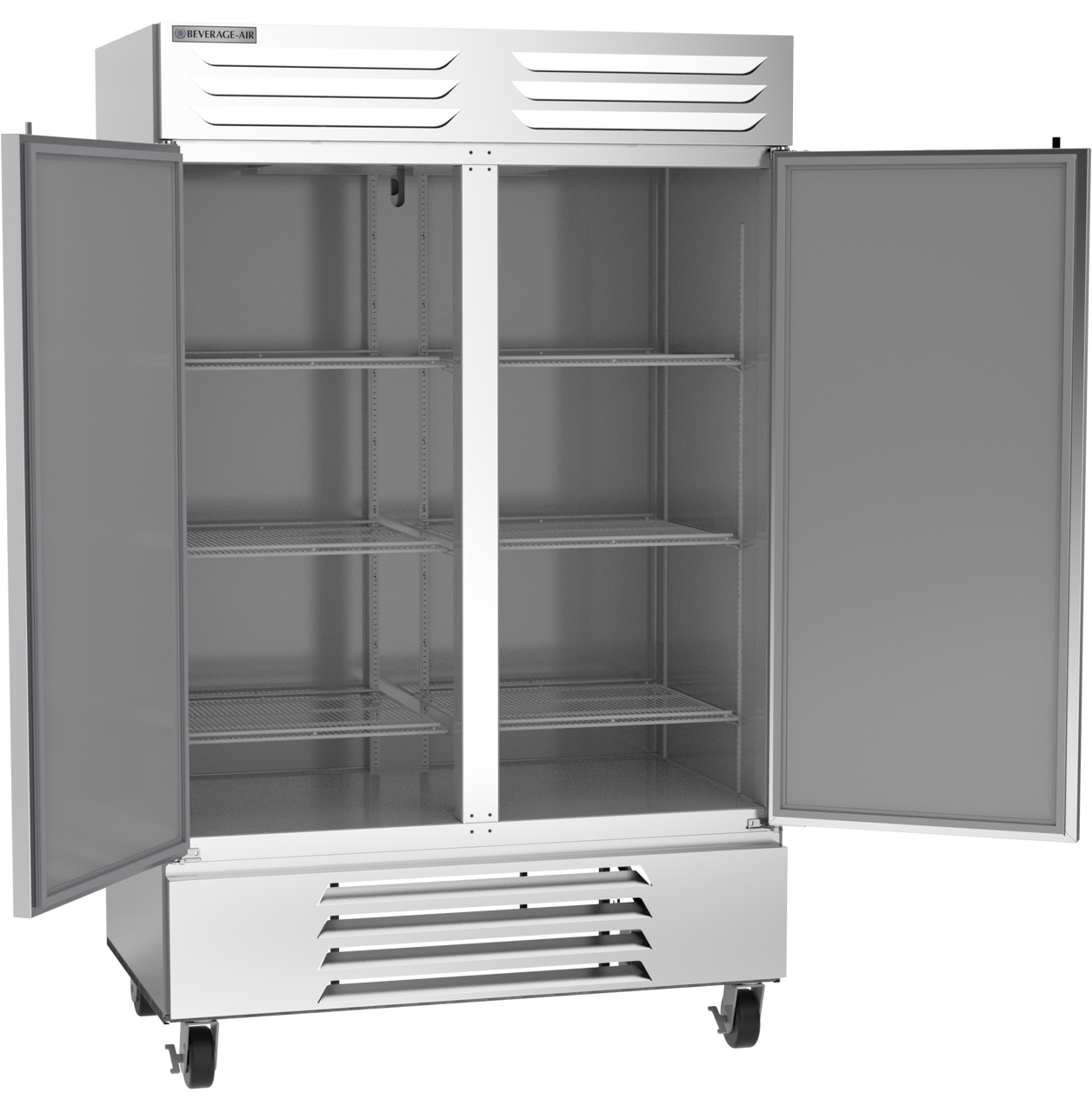 White industrial refrigerator with doors open on a transparent background