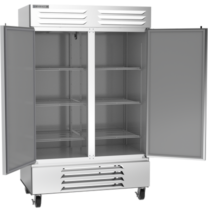 White industrial refrigerator with doors open on a transparent background