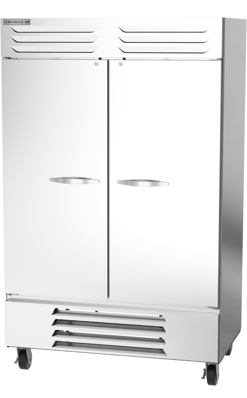 Commercial refrigerator with two doors on a white background