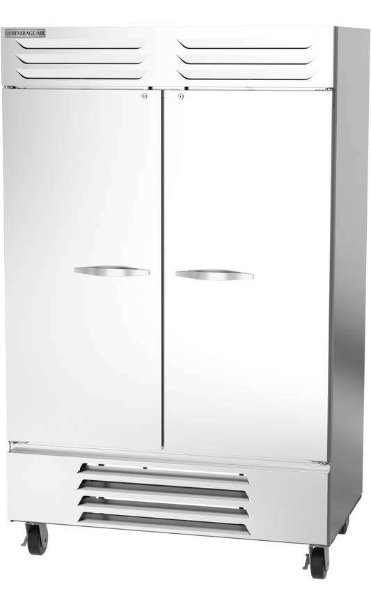 Commercial refrigerator with two doors on a white background