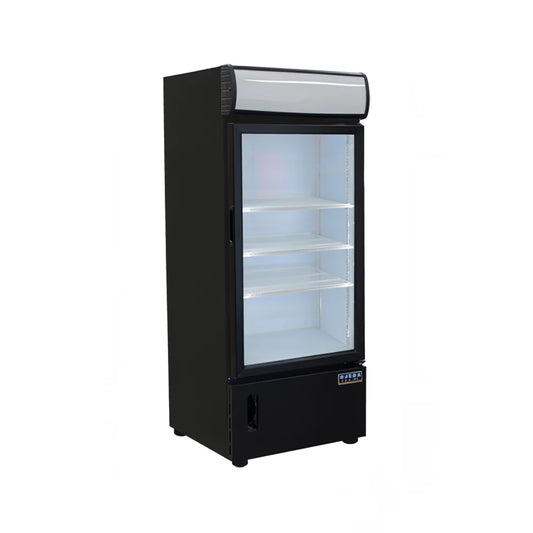 Black display freezer with glass door on a white background