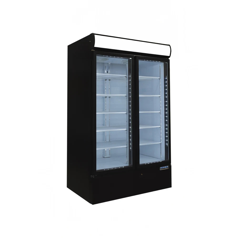 Black display freezer with glass doors on a white background