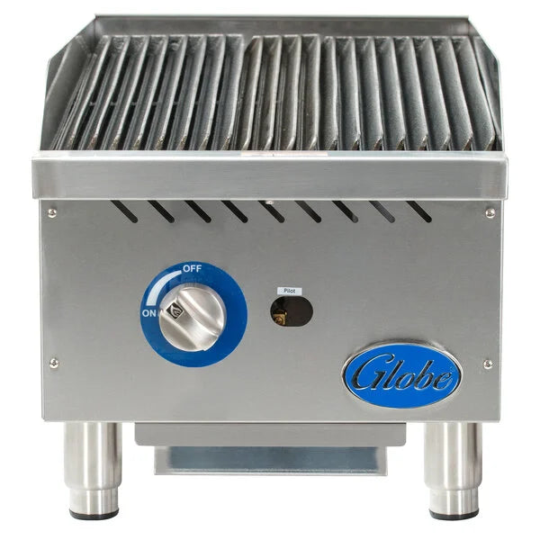 Stainless steel grill with blue control knob and 'Globe' branding on a white background