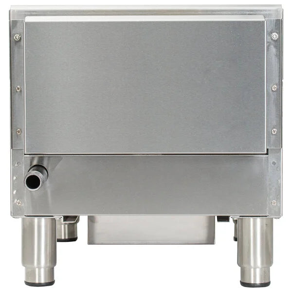 Stainless steel appliance with a rectangular top section and cylindrical legs on a white background
