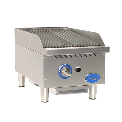 Stainless steel grill with control knobs on a white background