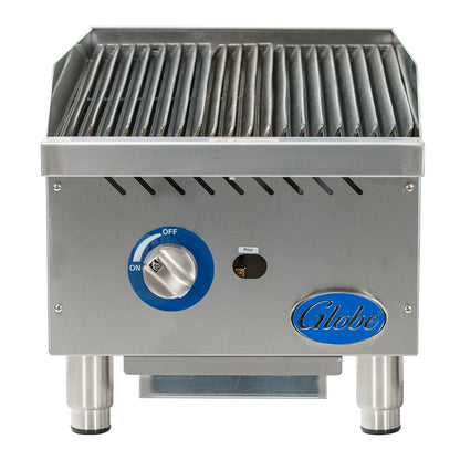 Stainless steel grill with blue control knob and Globe logo on a white background