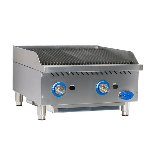 Stainless steel grill with blue control knobs on a white background