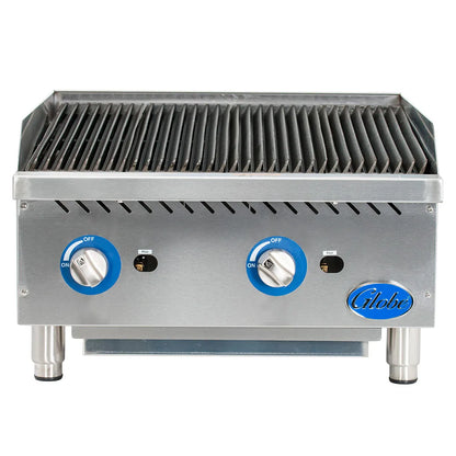 Stainless steel grill with control knobs on a white background