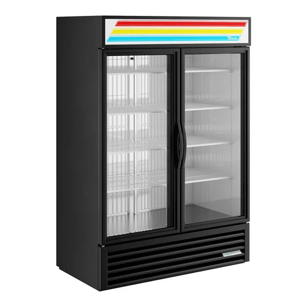 Black two-door refrigerator with glass doors on a white background