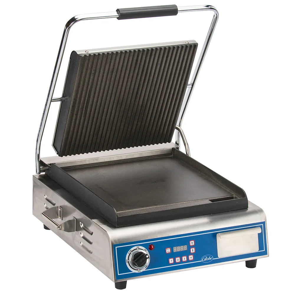 Globe GPGS14D Commercial Panini Press w/ Cast Iron Grooved Top & Smooth Bottom Plates
