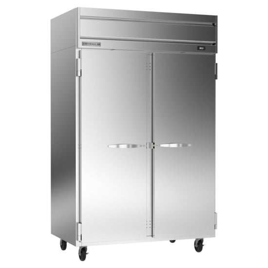 Stainless steel commercial refrigerator on a white background