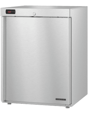 Stainless steel refrigerator with digital display on a white background