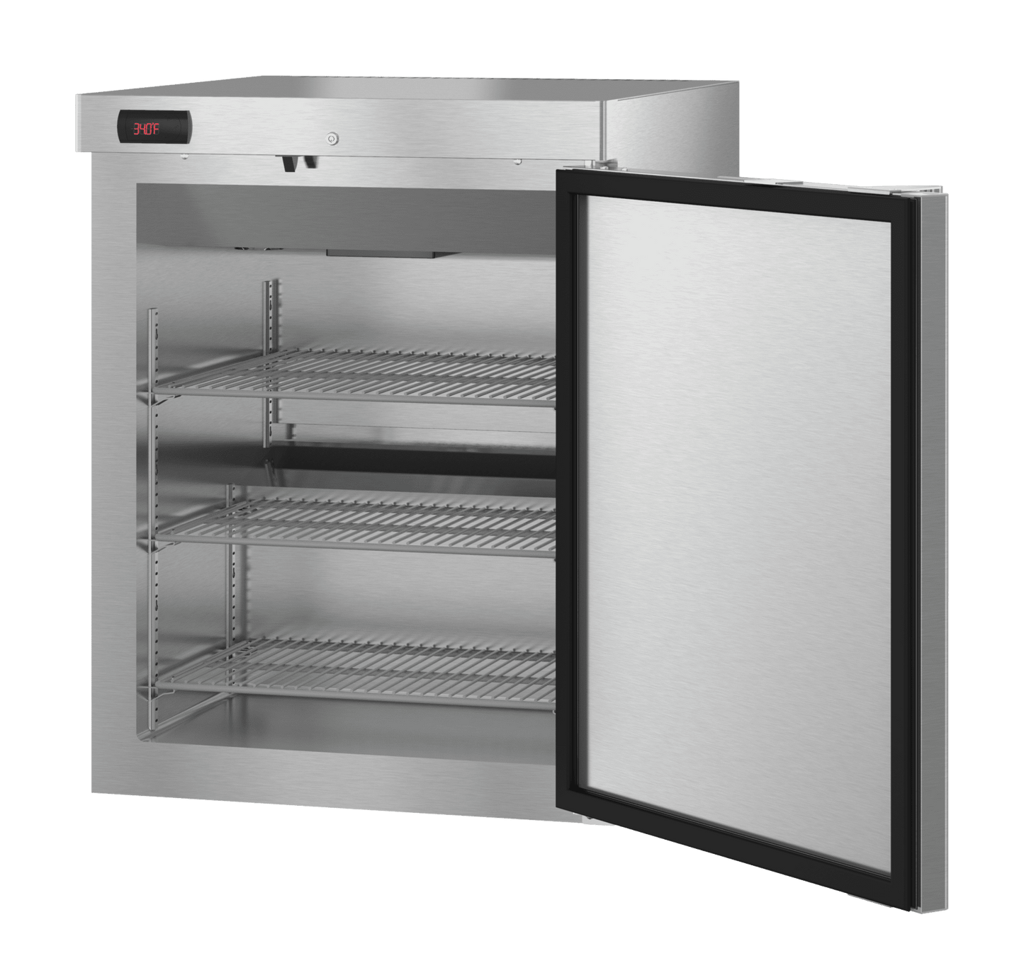 Stainless steel refrigerator with open door on a white background