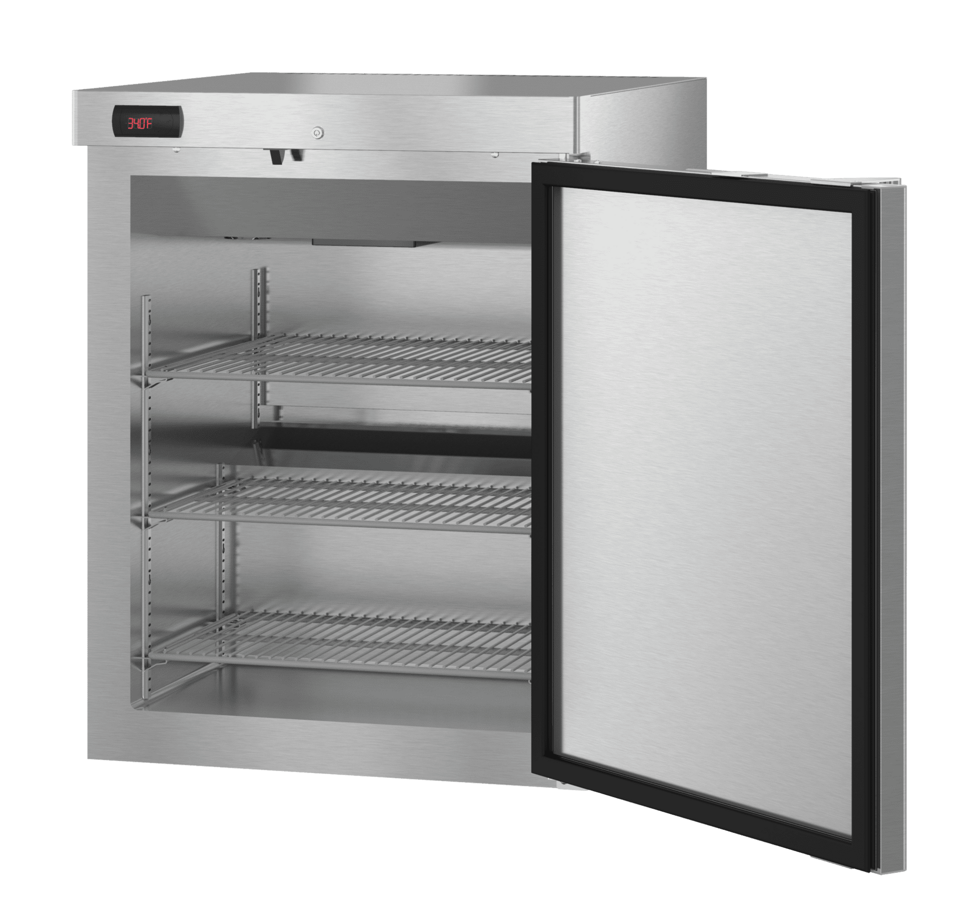Stainless steel refrigerator with open door on a white background