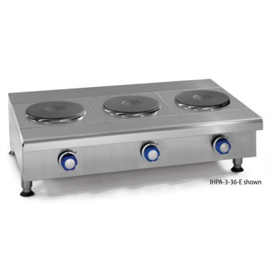 Stainless steel hot plate with three burners on a white background