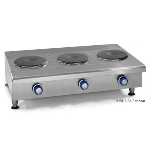 Stainless steel hot plate with three burners on a white background