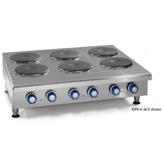 Stainless steel hot plate with six burners on a white background