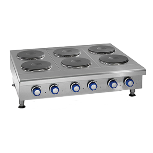 Stainless steel hot plate with six burners on a white background