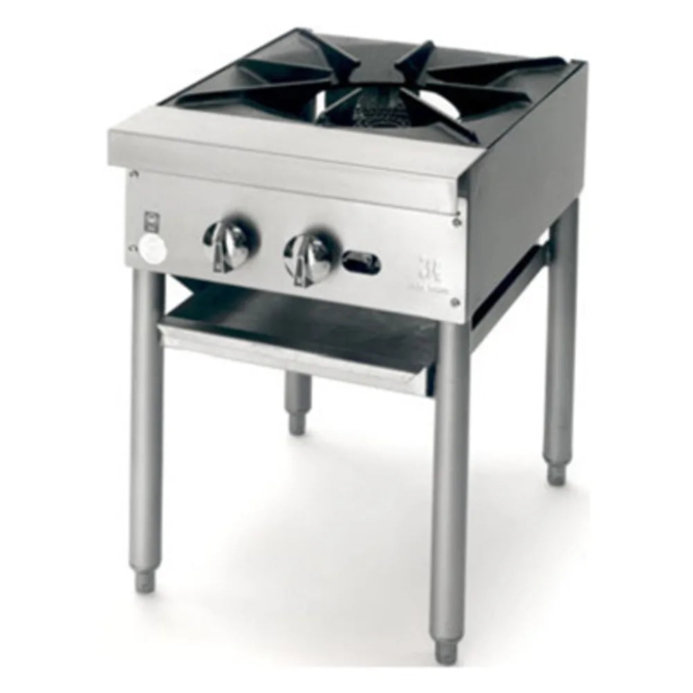Stainless steel single-burner stove on a white background