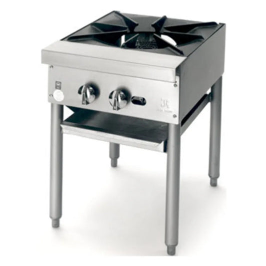 Stainless steel single-burner stove on a white background