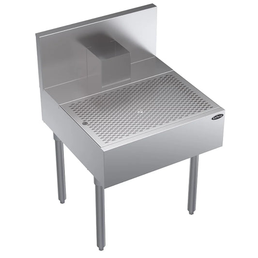 Stainless steel kitchen prep table with perforated surface on a white background
