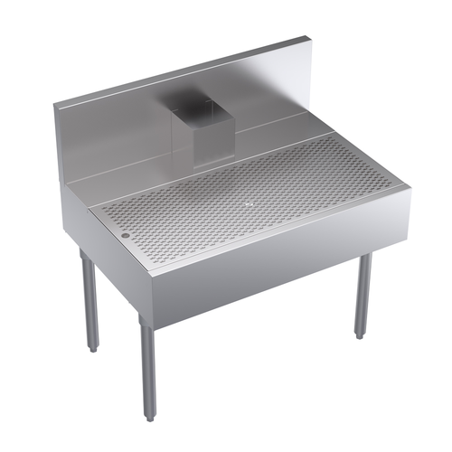 Stainless steel sink with perforated drainboard on a white background