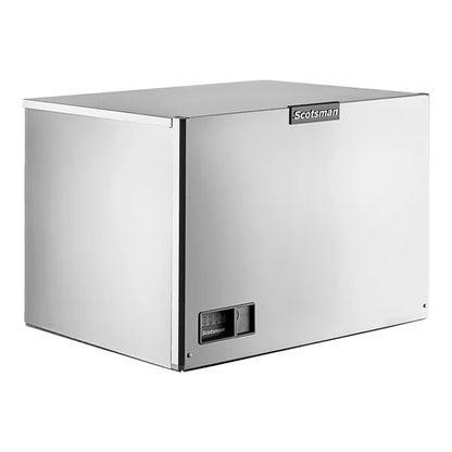Stainless steel ice machine with Scotsman logo on a white background