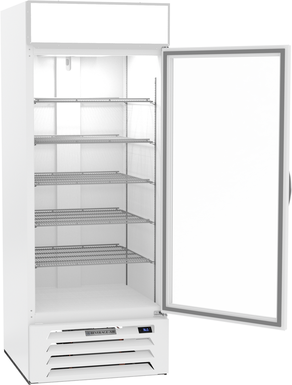 White commercial freezer with open door on a white background
