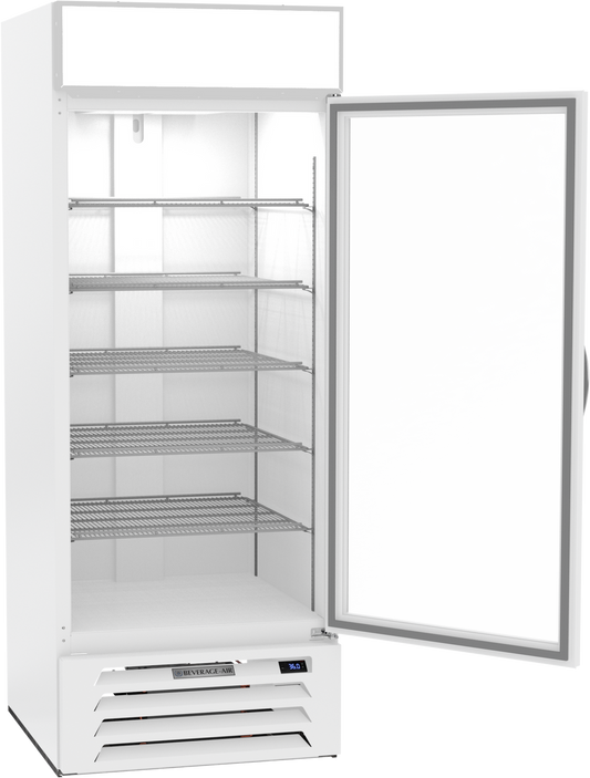 White commercial freezer with open door on a white background