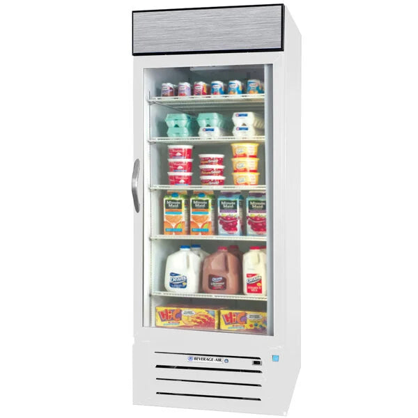 White refrigerator with door open, displaying various food items on a white background