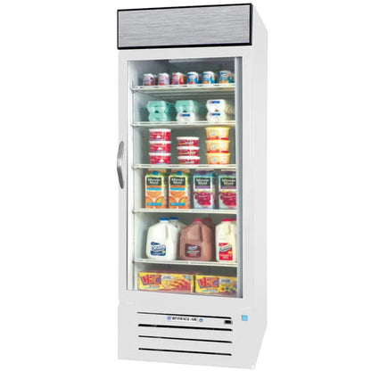 White refrigerator with door open, displaying various food items on a white background