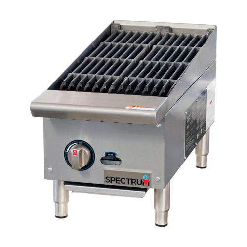 Stainless steel commercial grill with visible 'Spectrum' branding on a white background
