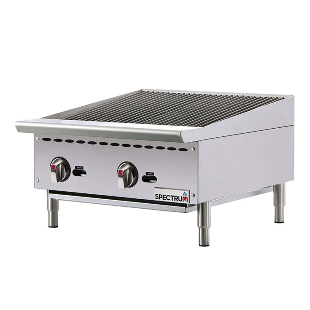 Stainless steel hot plate with control knobs on a white background, featuring the Spectrum brand.