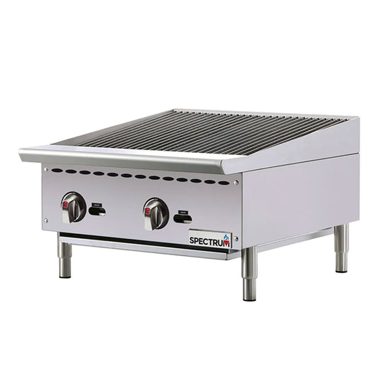 Stainless steel hot plate with control knobs on a white background, featuring the Spectrum brand.