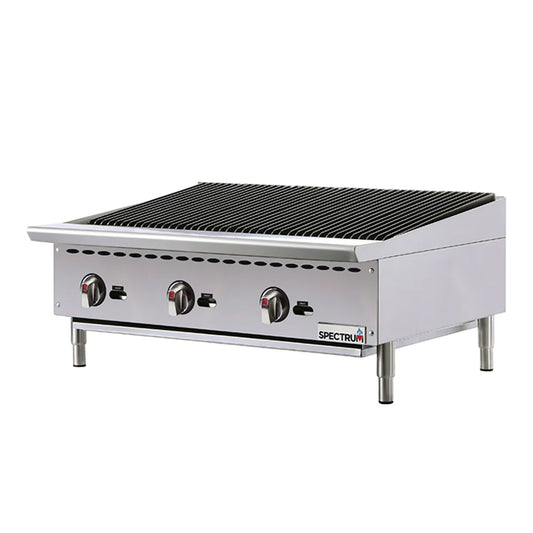Stainless steel griddle with control knobs on a white background, branded 'Spectrum'.