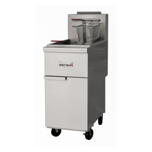 Stainless steel deep fryer with basket on a white background, featuring the Spectrum brand.