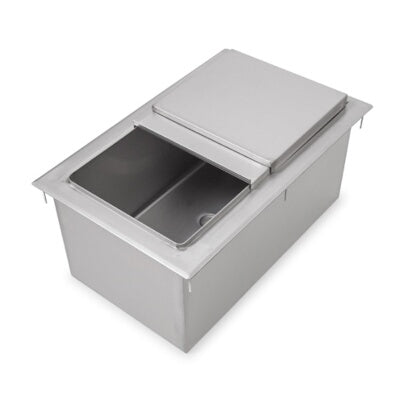Stainless steel sink with a cover on a white background
